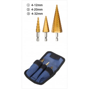 HS1343 3pcs 4-12/20/32mm HSS Titanium Step Cone Drill Bit Hex Shank Hole Cutter with Bag