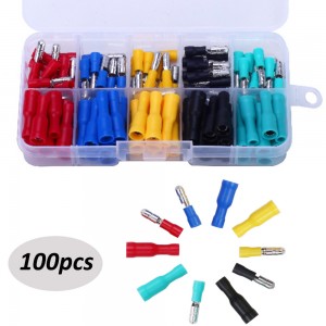 HS2805 100-Pcs 22-16 AWG Assorted Insulated Female & Male Bullet Butt Wire Crimp Connector Terminals Assortment Kit