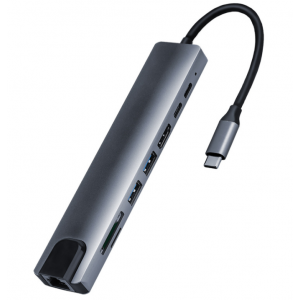 HS3157 8 in 1 Type-C Hub to HDMI+PD+2*USB3.0+RJ45+2*Card Reader +Type-c+PD port