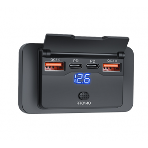 HS7246 NEW 12V RV USB Outlet Panel 108W Dual QC3.0 & Dual PD3.0 Fast Charge Socket with Switch & LED Voltmeter for Boat ATV Motorcycle