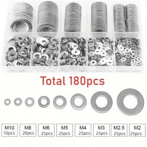 HS8122 180pcs M2-M12 washer 304 Stainless Steel Flat Washer Kit